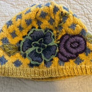 French Knot Beaded Yellow with Flowers Wool Beanie
